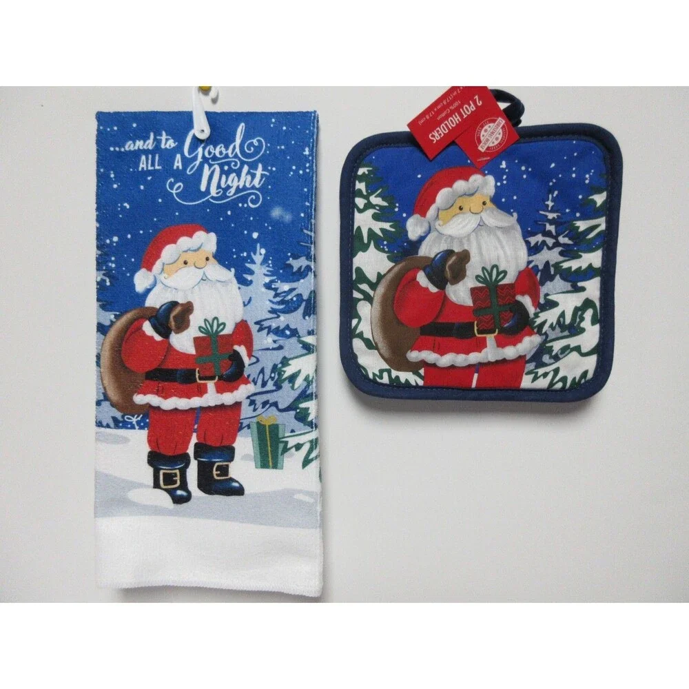 Microfiber Holiday Xmas DishTowel and set of 2 potholder ALL A Good Night Santa